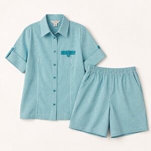Vtg Allison Daly Striped Short Sets Sz 12 Teal Blue Coastal Resort Y2K Nautical